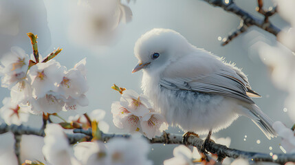 Cute white shima bird with cherry blossoms in full bloom, bird on a branch