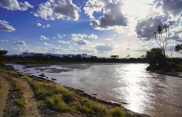Scenic panoramic vista of the Ewaso Ngiro river flowing through the heart of the Samburu reserve on...