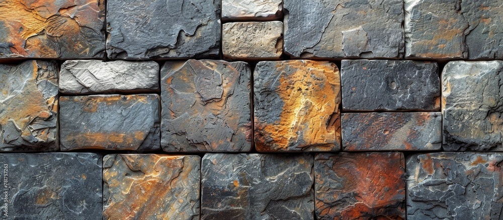Poster close-up view of a wall constructed with weathered rocks having a rusted and textured surface