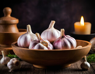 Garlic Bulbs in Wooden Bowl