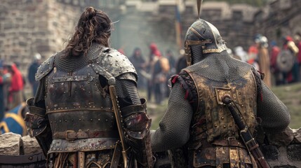 Two warriors clad in chainmail and wielding spears converse with backs against a stone wall at the tournament grounds. . . - obrazy, fototapety, plakaty