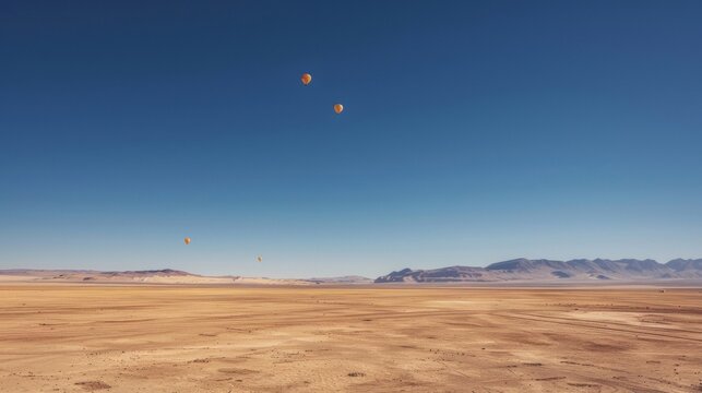 In a barren desert landscape a team of researchers release a group of weather balloons into the sky. The stark contrast between the golden sand and the deep blue sky captures the adventurous .
