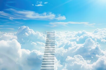 Fototapeta premium Stair in clouds on blue sky background, Ladder of Success Concept
