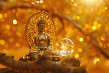 Golden Buddha statue with glowing crystal ball and tree of life, gold background with bokeh lights