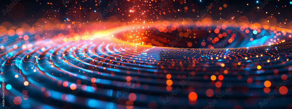 Poster abstract graphics composed of rotating particles have a technological background