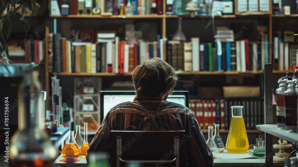 Poster a lone scientist sits at a computer station face hidden as they yze data on a screen surrounded by s