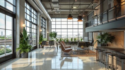 This podium image features a sleek modern loft space with floortoceiling windows and a mix of metal and wood accents. The industrial . . - obrazy, fototapety, plakaty