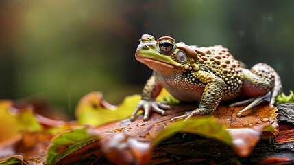 Fototapeta premium A cute toad sitting on a wet leaf in the forest, AI Generative.