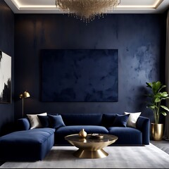 Luxury living room with small blue navy colour couch. Accent empty wall with decorative deep black plaster stucco micro cement or silk texture. Dark modern interior 