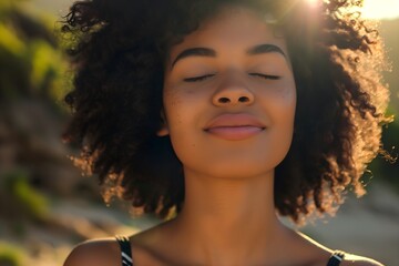 Sunkissed Serenity: Radiant Young Woman with Afro Hair Basking in Sunlight, Exuding Calm and Mindful Peace
