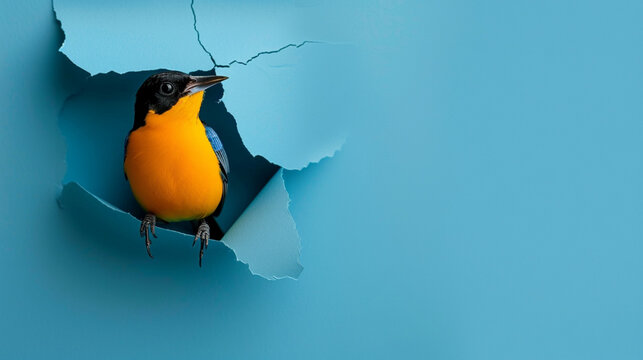 Cute oriole peeking through a hole in a blue paper wall with copy space.