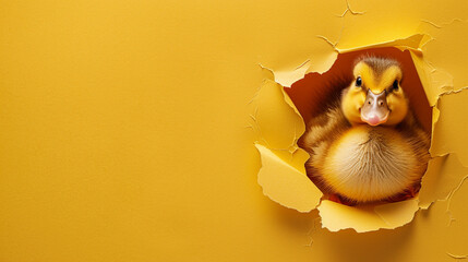 A cute duckling peering through a hole in a sunny yellow paper wall, copy space. - obrazy, fototapety, plakaty