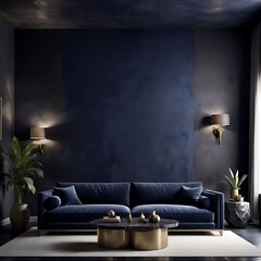 Luxury living room with small blue navy colour couch. Accent empty wall with decorative deep black plaster stucco micro cement or silk texture. Dark modern interior  - obrazy, fototapety, plakaty