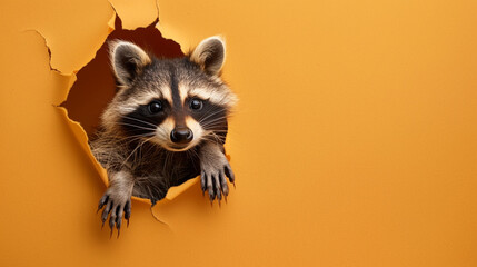 A baby raccoon peeking through a hole in a cheerful orange paper wall, copy space. - obrazy, fototapety, plakaty