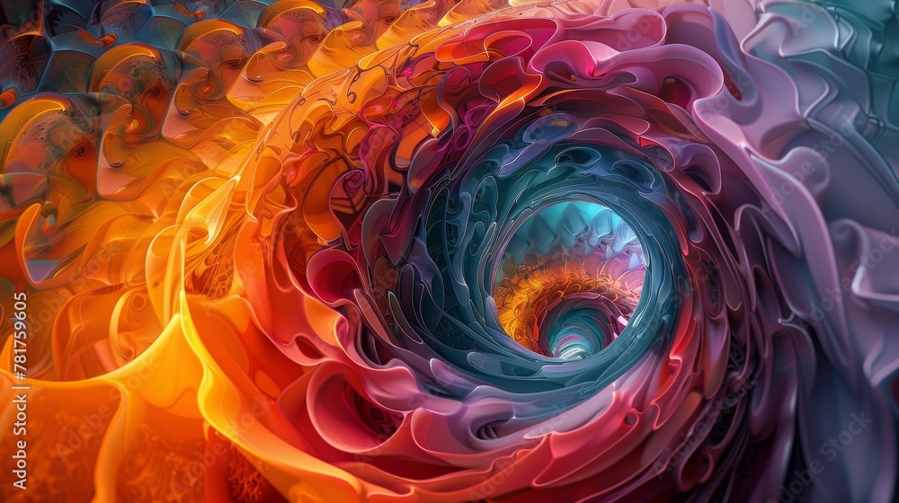 Poster abstract fractal: a 3d vector illustration of a swirling vortex of colors and shapes