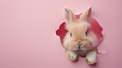 Fototapeta na wymiar A fluffy baby bunny poking its nose through a hole in a soft pink paper wall, copy space.