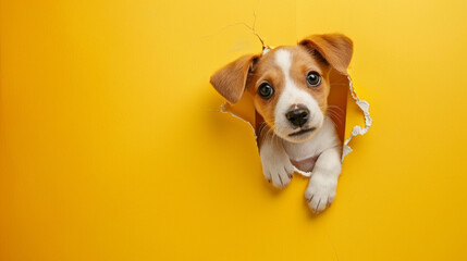 A tiny puppy with floppy ears peeking through a hole in a sunny yellow paper wall, providing space for custom banners