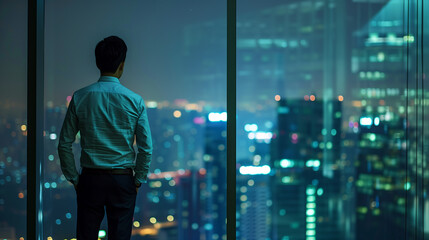 A man in a suit stands on a pier overlooking a city at night. The city is lit up with neon lights, creating a vibrant and bustling atmosphere. The man is lost in thought - obrazy, fototapety, plakaty