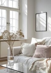 Mockup frame set in farmhouse living room interior background, Scandinavian style. Presented in 3D render. Made with generative AI technology