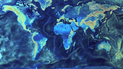 A map of the world is displayed in shades of blue and yellow, showcasing continents, countries, and oceans. - obrazy, fototapety, plakaty