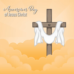 Vector design of Ascension of Jesus Christ with cross and robe on clouds in square composition