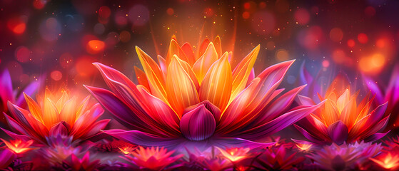 Dreamlike Lotus Blossom, Zen Water Garden Art, Abstract Floral Fantasy with Bright Colors and Patterns