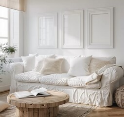 Fototapeta premium Mockup frame set in farmhouse living room interior background. Presented in 3D render. Made with generative AI technology
