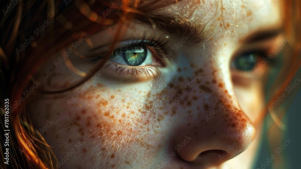 Poster her freckles seem to travel in their own paths creating a personal constellation that tells a story 
