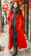 Obraz premium Full body photo of a beautiful Chinese girl, cute, beautiful smile, colorful fashion clothes, walking in the city.