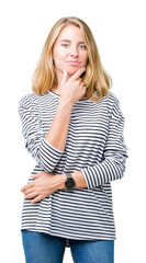 Beautiful young woman wearing stripes sweater over isolated background looking confident at the camera with smile with crossed arms and hand raised on chin. Thinking positive.