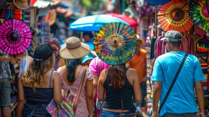A group of tourists with backs turned haggle with a vendor over the price of a handpainted fan as the colorful market stalls . . - obrazy, fototapety, plakaty