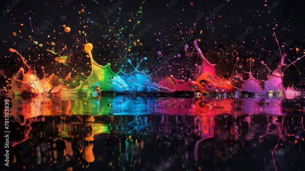 Aufkleber a rainbow of fluorescent paint splashes across a black surface creating an eyecatching and unconvent