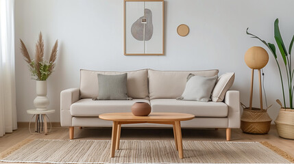 Beige and brown bohemian living room with a large corner sofa, wooden coffee table and comfortable floor cushions. Minimalist home interior design of a modern dining area apartment. Modern living room