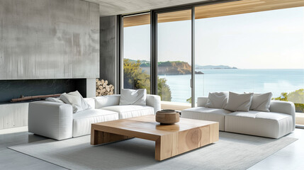 Modern living room interior with a white sofa, a wooden coffee table and shelves on a concrete wall in a luxury house at the beach front. Interior is in the style of modern living room with white 