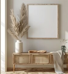 Mockup frame set in farmhouse living room interior. Presented in 3D render. Made with generative AI technology