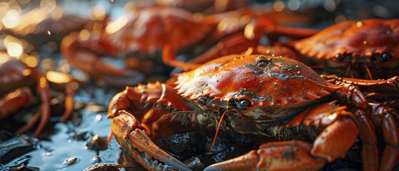 Pile of fresh crabs placed in a refrigerator Generative AI - obrazy, fototapety, plakaty