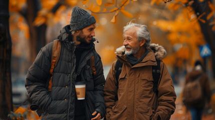 Obraz premium Friends, a senior and a young man walking and talking and drinking coffee together in the autumn park.
