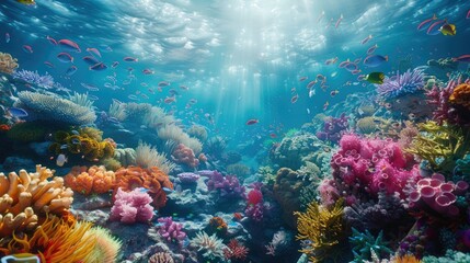 coral reef bustling with colorful fish and marine creatures  vibrant marine ecosystem - obrazy, fototapety, plakaty