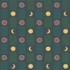 aztec motifs. hand drawn stripes, suns, moons. vector seamless pattern. color repetitive background. folk decorative art. fabric swatch. wrapping paper. design template for textile, home decor, linen