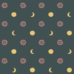 hand drawn suns and moons. aztec motifs. vector seamless pattern. pink, yellow, blue repetitive background. folk decorative art. fabric swatch. wrapping paper. design template for textile, home decor