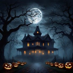 AI generative image of haunted Victorian mansion surrounded by jack-o'-lanterns under a misty full moon night