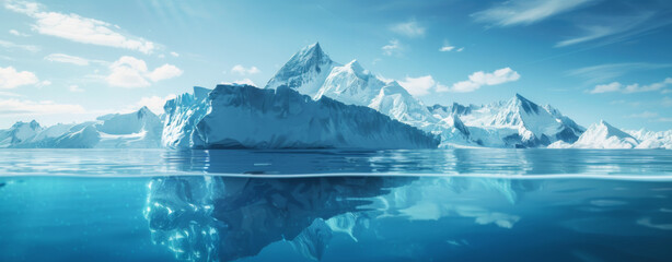 Photo of An iceberg floating in the ocean with half visible below and above water