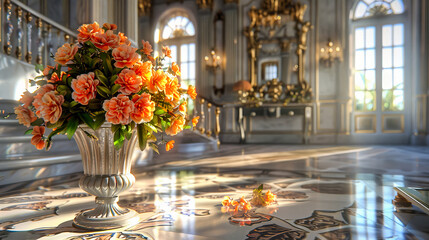 Elegant Palace Interior with Luxurious Floral Decorations, European Royal Hall with Artistic Design, Historical and Cultural Architecture, Grand and Opulent Room