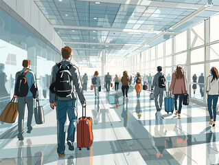 Animated Airport Adventure: Tourists Embark on Exciting Journeys, Navigating the Bustle of Departures
