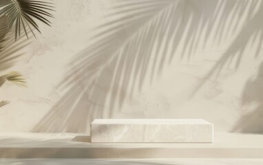 A beige wall with a marble pedestal and palm leaf shadow