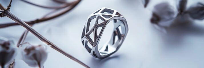 Elegant 925 sterling silver ring design on a soft backdrop. A luxurious and intricately designed ring stands out against a creamy, soft background, bathed in gentle light