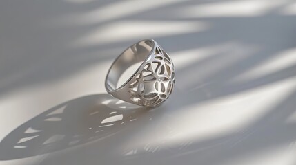 Elegant 925 sterling silver ring design on a soft backdrop. A luxurious and intricately designed ring stands out against a creamy, soft background, bathed in gentle light
