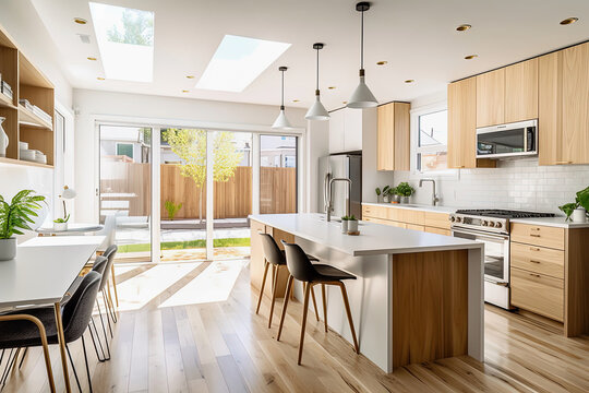 Bright modern kitchen with skylights and wooden accents