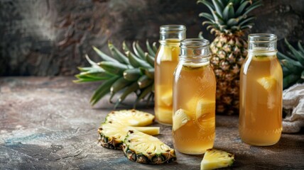 Bottles with Homemade Fermented mexican pineapple Tepache. Crafted raw kombucha tea with pineapple. Healthy natural probiotic flavored drink concept,  Food commercial Photography, free place for text 