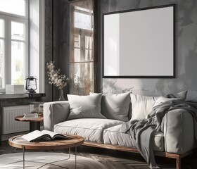 Mockup frame set in modern dark living room interior. Presented in 3D render. Made with generative AI technology